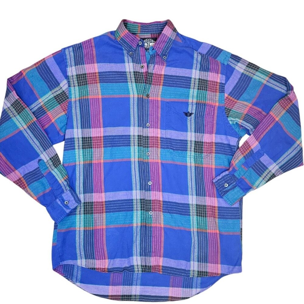 90s Mens Medium Thin Flannel Plaid Button Up Shirt Blue Pink Preppy Soft Classic